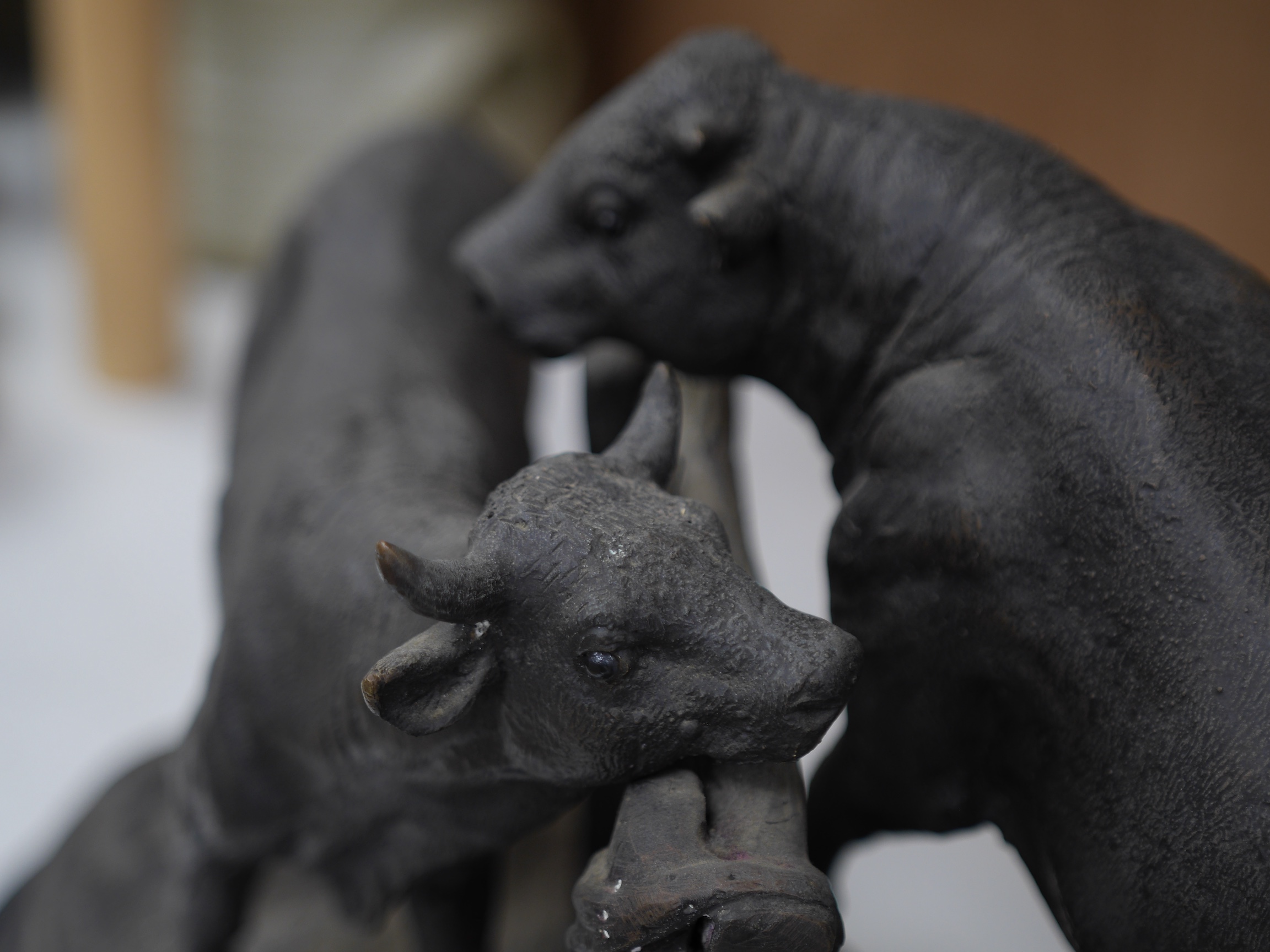 After Pierre-Jules Mêne (1810-1879), patinated metal group of bulls, 31cm high x 50cm wide. Condition - fair needs cleaning